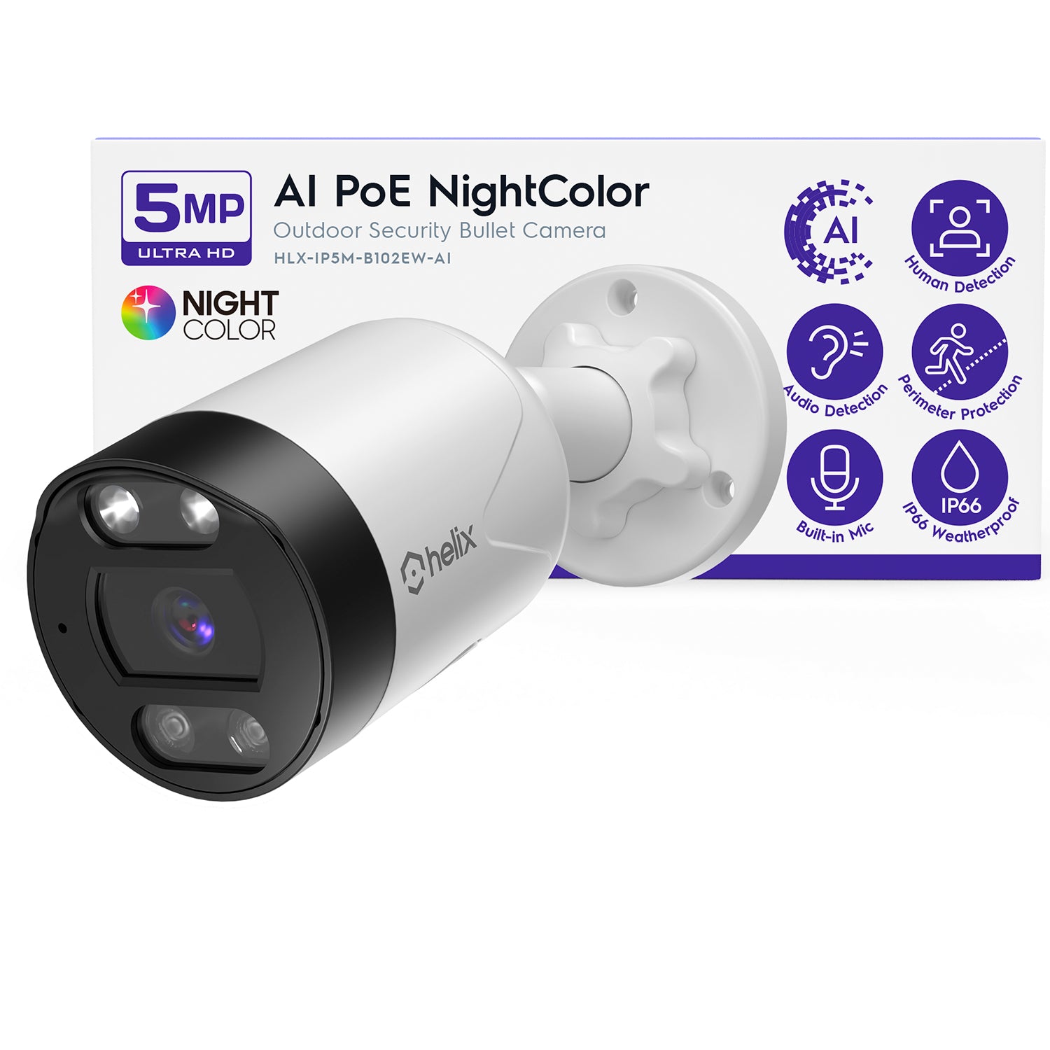 Helix 5MP Security AI IP PoE Camera, 98ft Night Color, Human Detection, NDAA Compliant, Indoor Outdoor Surveillance Bullet, 2-Way Audio, Support 256GB MicroSD, Deterrent, HLX-IP5M-B102EW-AI
