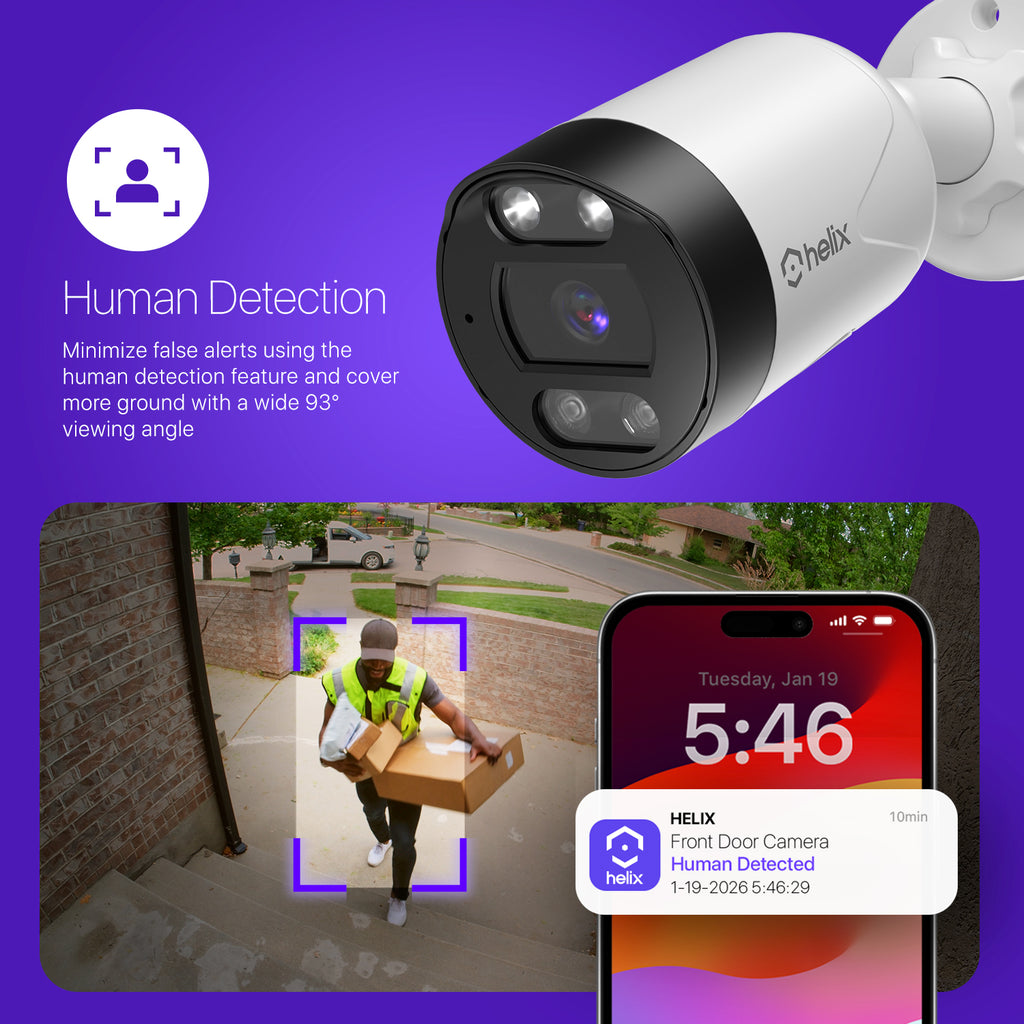 HELIX 5MP Outdoor IP Security PoE Camera, Human Detection, NDAA Compliant, IP Surveillance Bullet, 2-Way Audio, Support 256GB MicroSD, 98ft Night Color Vision, Deterrent, HLX-IP5M-B102EW-AI