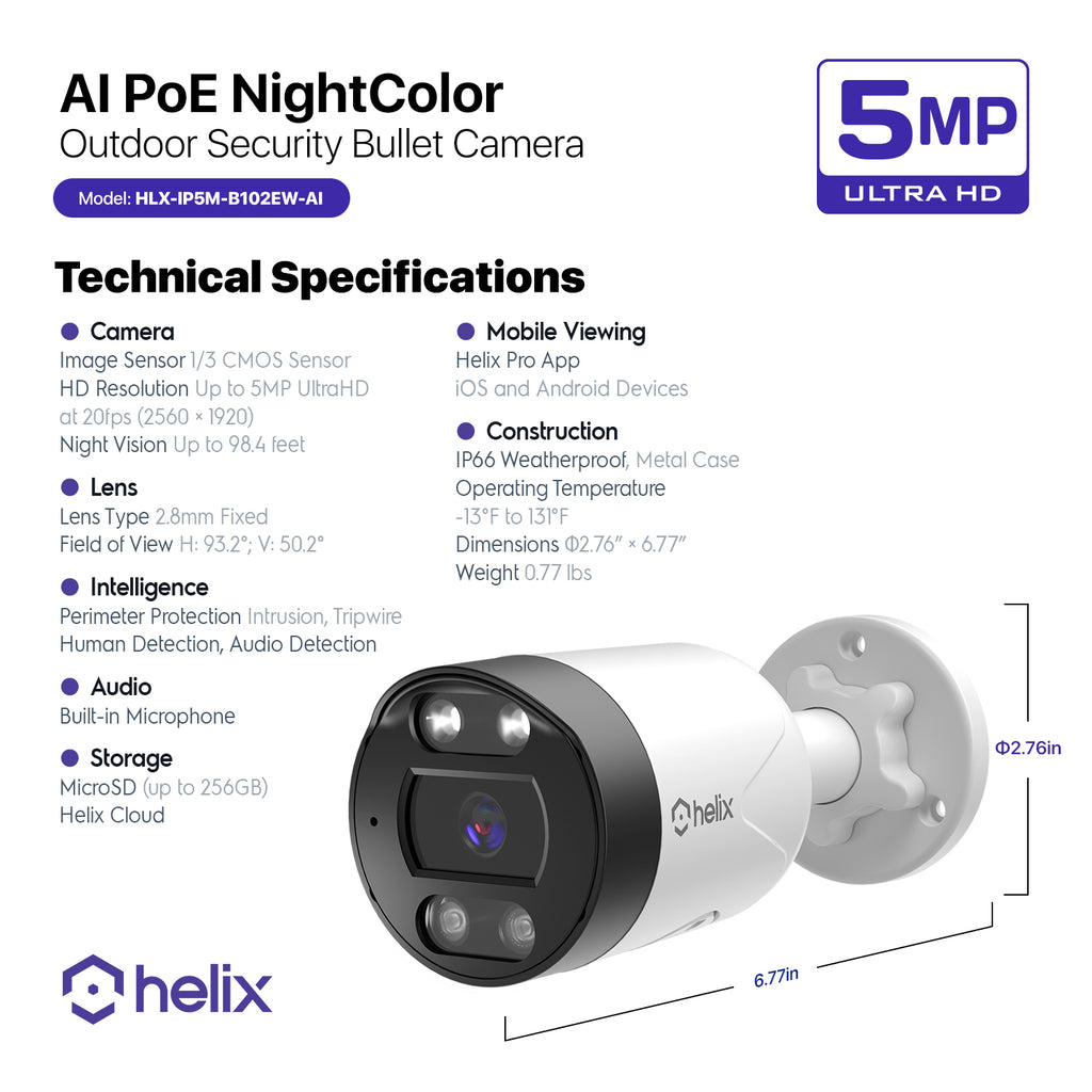 HELIX 5MP Outdoor IP Security PoE Camera, Human Detection, NDAA Compliant, IP Surveillance Bullet, 2-Way Audio, Support 256GB MicroSD, 98ft Night Color Vision, Deterrent, HLX-IP5M-B102EW-AI