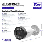 HELIX 5MP Outdoor IP Security PoE Camera, Human Detection, NDAA Compliant, IP Surveillance Bullet, 2-Way Audio, Support 256GB MicroSD, 98ft Night Color Vision, Deterrent, HLX-IP5M-B102EW-AI