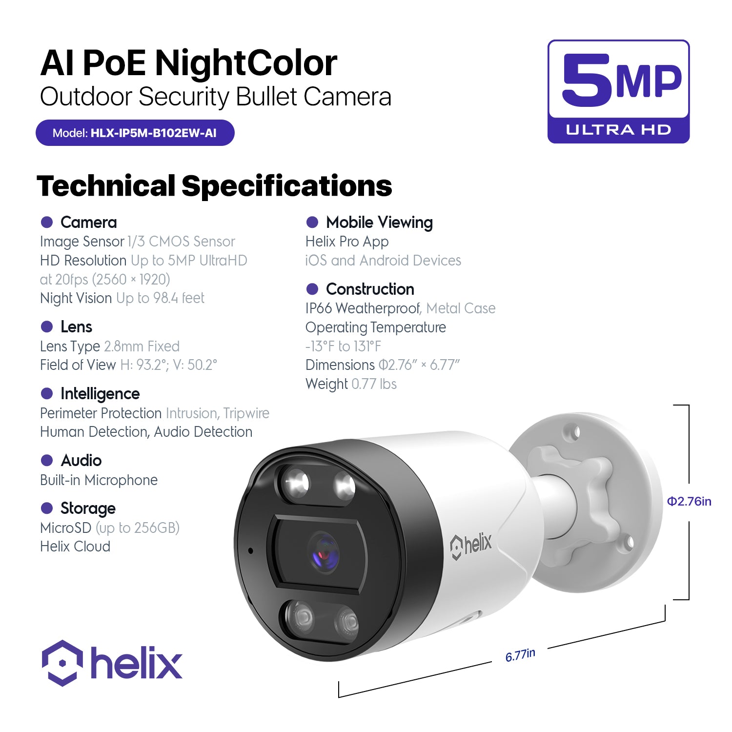 HELIX 5MP Outdoor IP Security PoE Camera, Human Detection, NDAA Compliant, IP Surveillance Bullet, 2-Way Audio, Support 256GB MicroSD, 98ft Night Color Vision, Deterrent, HLX-IP5M-B102EW-AI