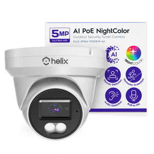 Helix 5MP Security AI IP PoE Camera, 98ft Night Color, Human Detection, NDAA Compliant, Indoor Outdoor Surveillance Turret, Built in Mic, Support 256GB MicroSD, Deterrent, HLX-IP5M-T103EW-AI