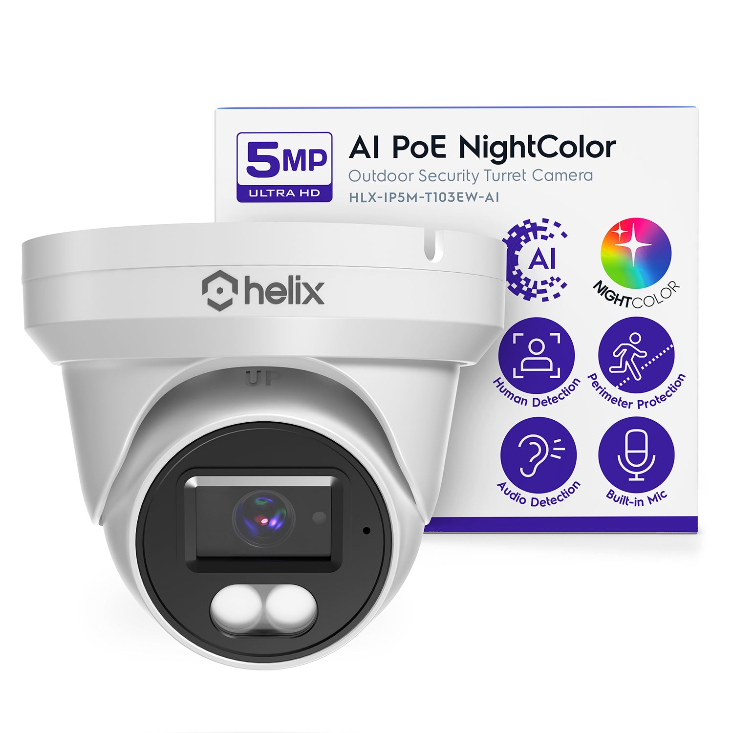 Helix 5MP Security AI IP PoE Camera, 98ft Night Color, Human Detection, NDAA Compliant, Indoor Outdoor Surveillance Turret, Built in Mic, Support 256GB MicroSD, Deterrent, HLX-IP5M-T103EW-AI