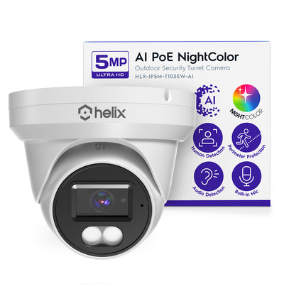 Helix 5MP Security AI IP PoE Camera, 98ft Night Color, Human Detection, NDAA Compliant, Indoor Outdoor Surveillance Turret, Built in Mic, Support 256GB MicroSD, Deterrent, HLX-IP5M-T103EW-AI