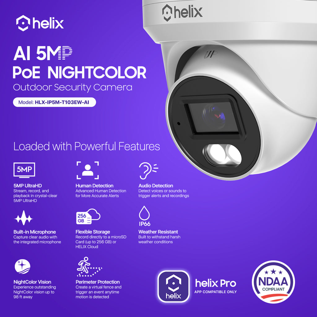 Helix 5MP Security AI IP PoE Camera, 98ft Night Color, Human Detection, NDAA Compliant, Indoor Outdoor Surveillance Turret, Built in Mic, Support 256GB MicroSD, Deterrent, HLX-IP5M-T103EW-AI
