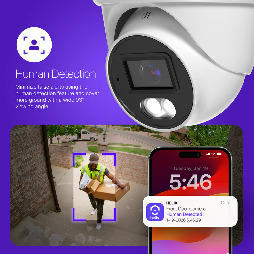 Helix 5MP Security AI IP PoE Camera, 98ft Night Color, Human Detection, NDAA Compliant, Indoor Outdoor Surveillance Turret, Built in Mic, Support 256GB MicroSD, Deterrent, HLX-IP5M-T103EW-AI