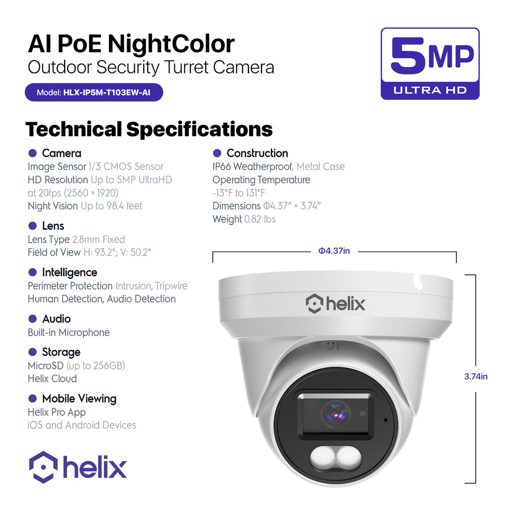 Helix 5MP Security AI IP PoE Camera, 98ft Night Color, Human Detection, NDAA Compliant, Indoor Outdoor Surveillance Turret, Built in Mic, Support 256GB MicroSD, Deterrent, HLX-IP5M-T103EW-AI