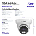 Helix 5MP Security AI IP PoE Camera, 98ft Night Color, Human Detection, NDAA Compliant, Indoor Outdoor Surveillance Turret, Built in Mic, Support 256GB MicroSD, Deterrent, HLX-IP5M-T103EW-AI
