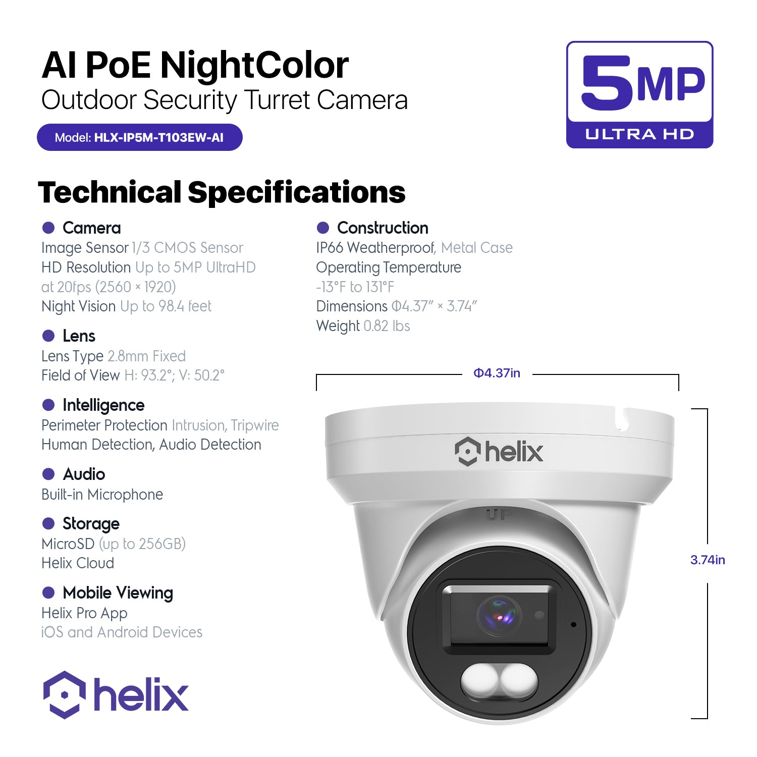 Helix 5MP Security AI IP PoE Camera, 98ft Night Color, Human Detection, NDAA Compliant, Indoor Outdoor Surveillance Turret, Built in Mic, Support 256GB MicroSD, Deterrent, HLX-IP5M-T103EW-AI