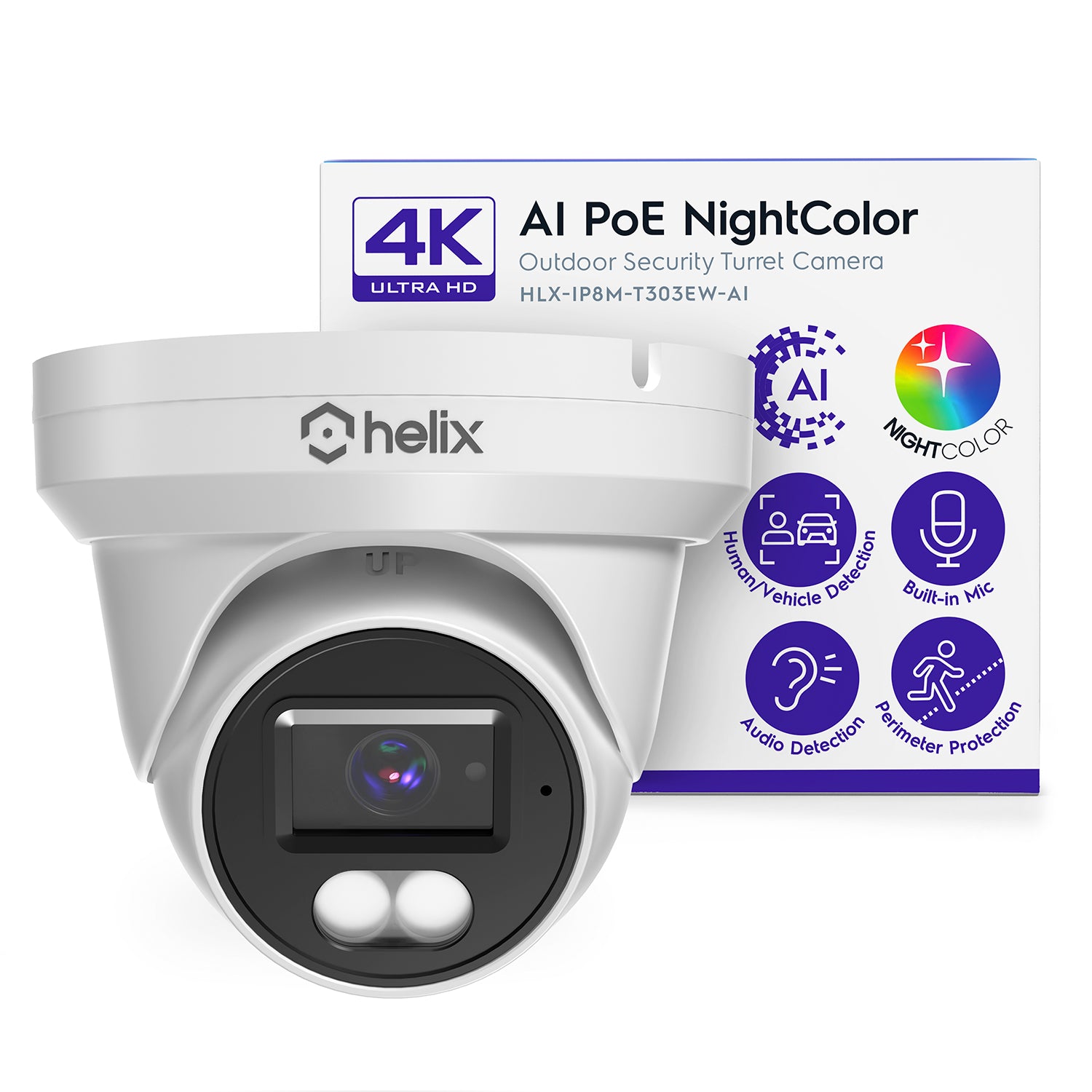 Helix 4K/8-MP Security AI IP PoE Camera, 98ft Night Color, Human Detection, NDAA Compliant, Indoor Outdoor Surveillance Turret, Built in Mic, Support 256GB MicroSD, Deterrent, HLX-IP8M-T303EW-AI