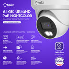 Helix 4K/8-MP Security AI IP PoE Camera, 98ft Night Color, Human Detection, NDAA Compliant, Indoor Outdoor Surveillance Turret, Built in Mic, Support 256GB MicroSD, Deterrent, HLX-IP8M-T303EW-AI