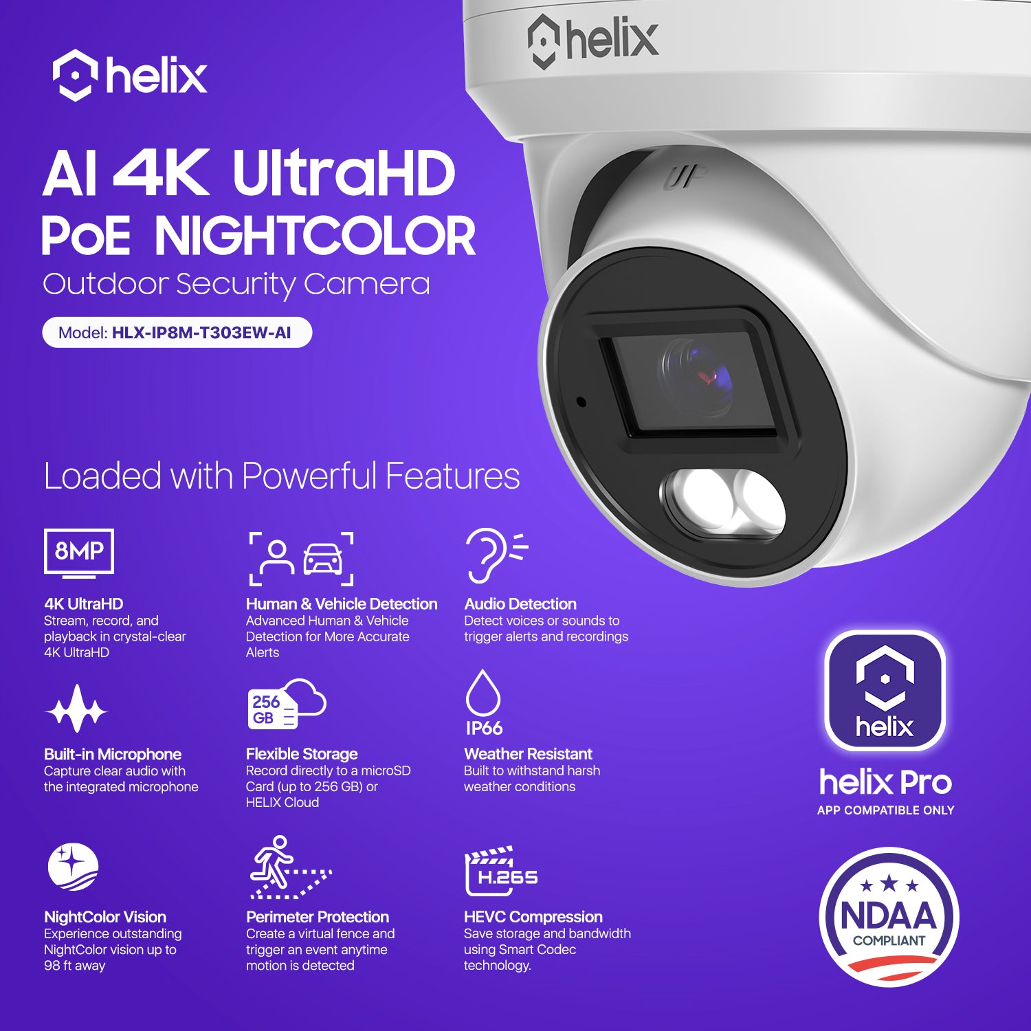 Helix 4K/8-MP Security AI IP PoE Camera, 98ft Night Color, Human Detection, NDAA Compliant, Indoor Outdoor Surveillance Turret, Built in Mic, Support 256GB MicroSD, Deterrent, HLX-IP8M-T303EW-AI