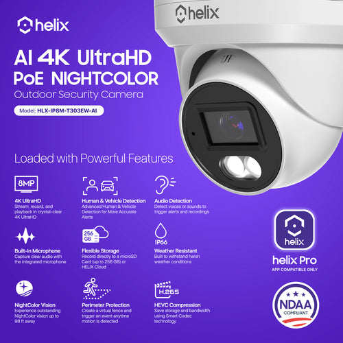 HELIX 4K PoE Camera, 8MP IP Security Wired Outdoor Turret Surveillance Cam 98ft Color Night Vision, Human/Vehicle Detection, Supports 256GB MicroSD, NDAA Compliant, Mic, Optional Cloud, IP8M-T303EW