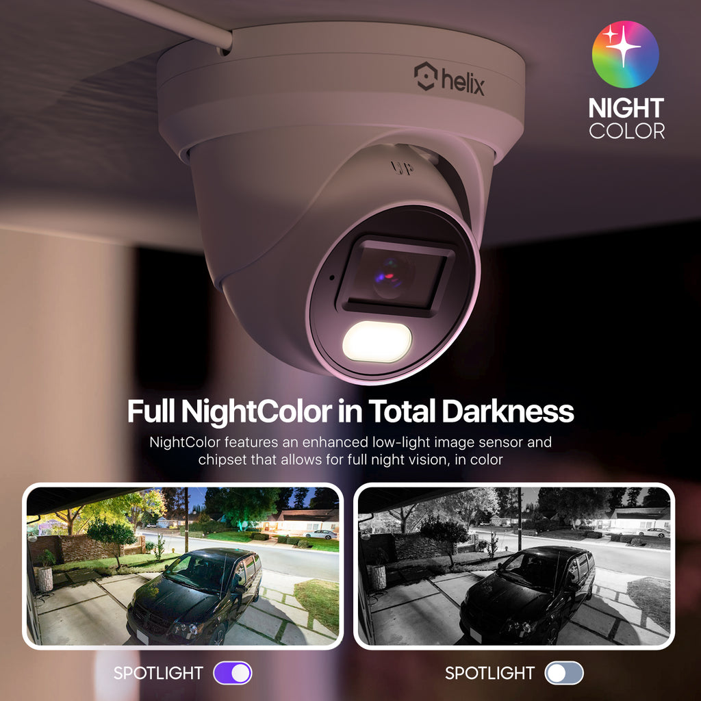 Helix 4K/8-MP Security AI IP PoE Camera, 98ft Night Color, Human Detection, NDAA Compliant, Indoor Outdoor Surveillance Turret, Built in Mic, Support 256GB MicroSD, Deterrent, HLX-IP8M-T303EW-AI