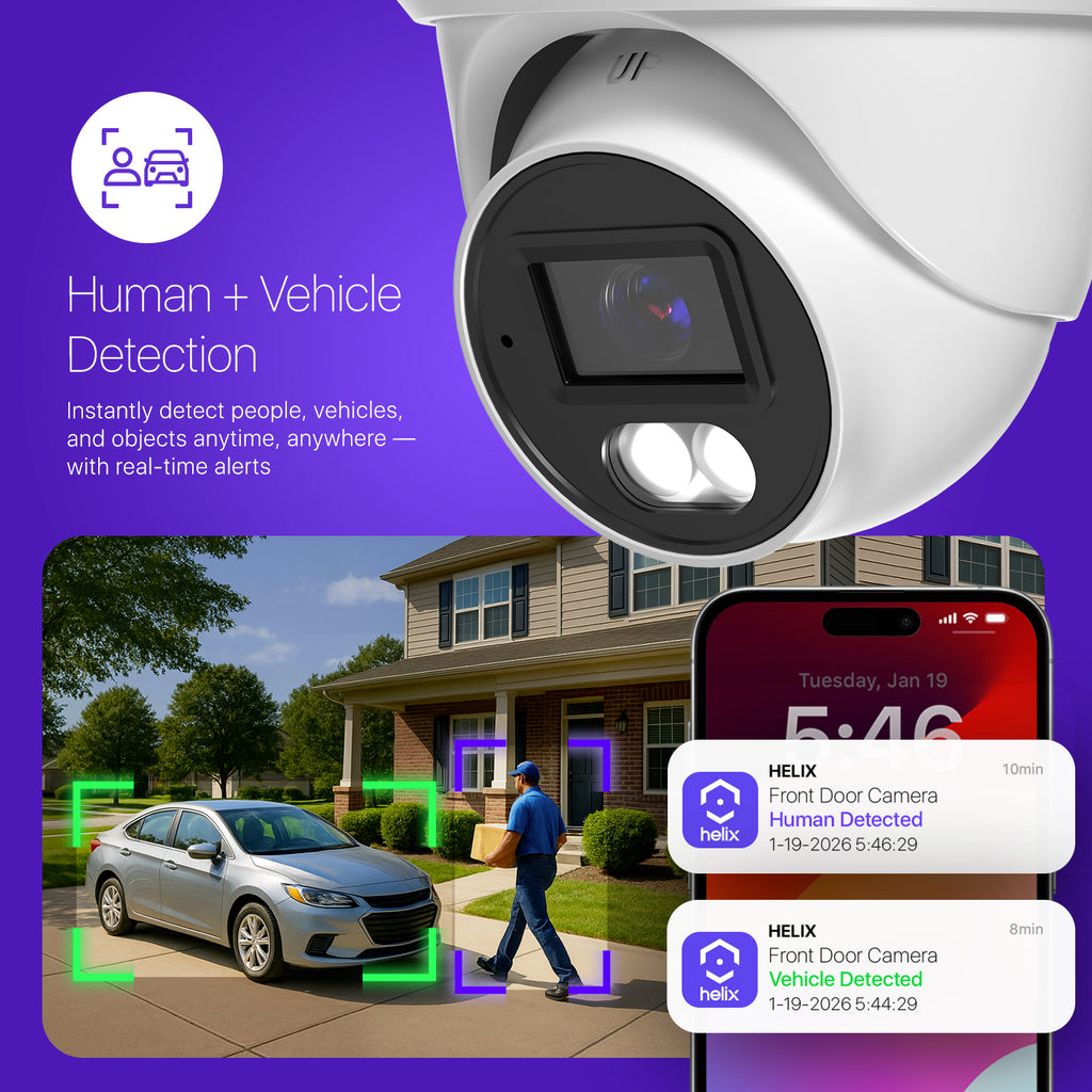 Helix 4K/8-MP Security AI IP PoE Camera, 98ft Night Color, Human Detection, NDAA Compliant, Indoor Outdoor Surveillance Turret, Built in Mic, Support 256GB MicroSD, Deterrent, HLX-IP8M-T303EW-AI