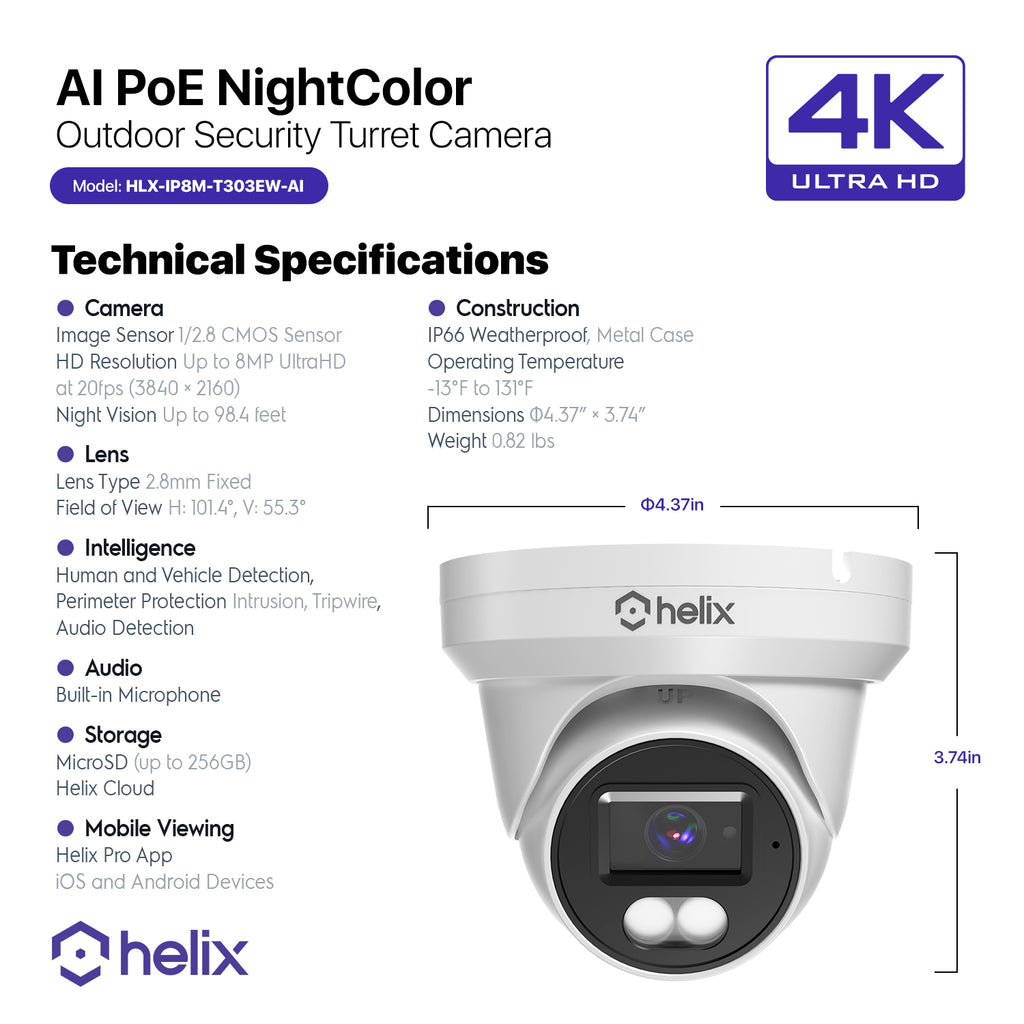 Helix 4K/8-MP Security AI IP PoE Camera, 98ft Night Color, Human Detection, NDAA Compliant, Indoor Outdoor Surveillance Turret, Built in Mic, Support 256GB MicroSD, Deterrent, HLX-IP8M-T303EW-AI