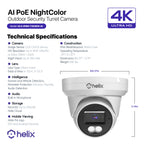 Helix 4K/8-MP Security AI IP PoE Camera, 98ft Night Color, Human Detection, NDAA Compliant, Indoor Outdoor Surveillance Turret, Built in Mic, Support 256GB MicroSD, Deterrent, HLX-IP8M-T303EW-AI