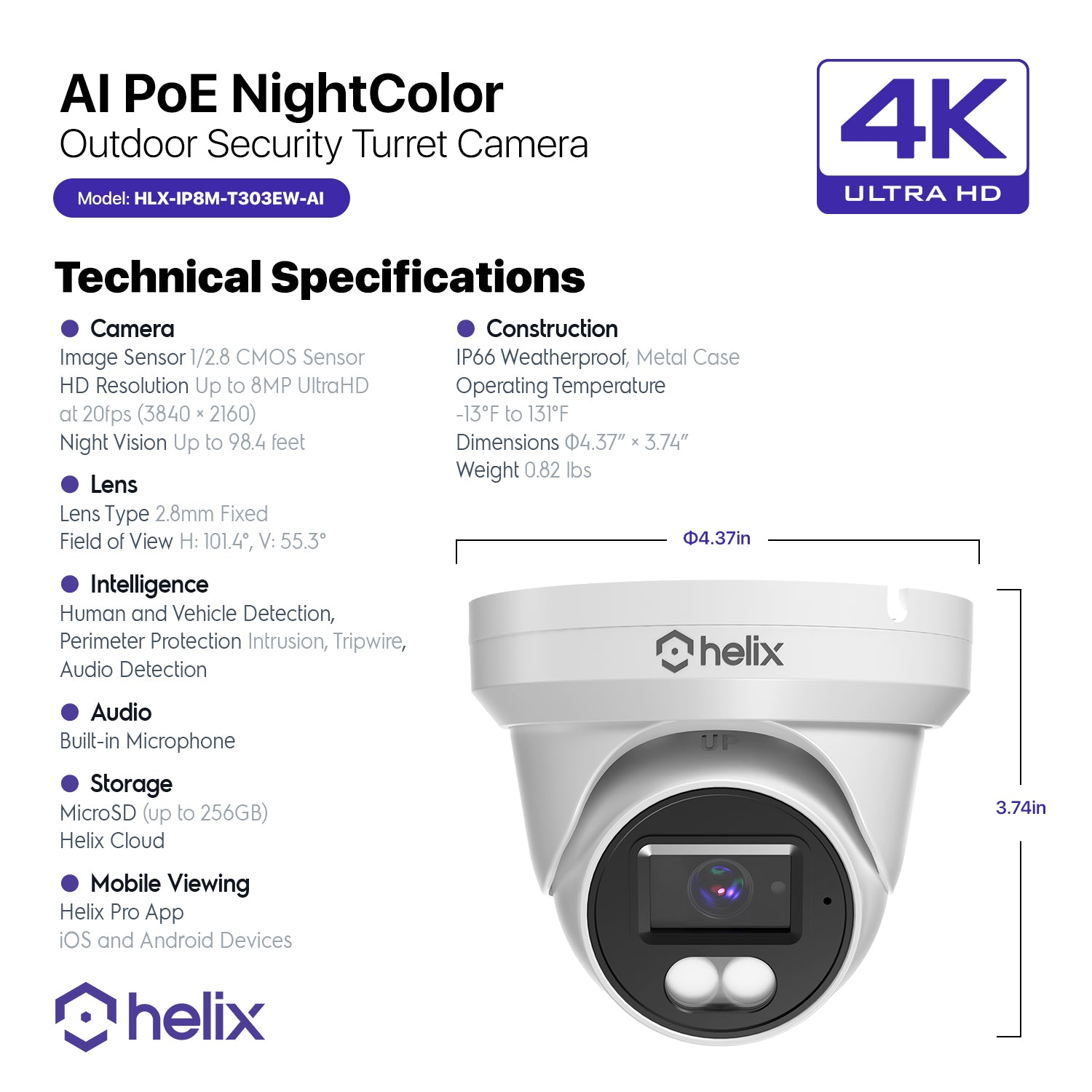 Helix 4K/8-MP Security AI IP PoE Camera, 98ft Night Color, Human Detection, NDAA Compliant, Indoor Outdoor Surveillance Turret, Built in Mic, Support 256GB MicroSD, Deterrent, HLX-IP8M-T303EW-AI