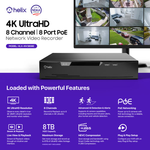 Helix 4K 8CH AI NVR (8-Port PoE), Smart NVR, Human Detection & Vehicle Detection - Supports 8 x 4K IP Cameras, Supports 1 x 8TB HDD (Not Included) HLX-NV3808E