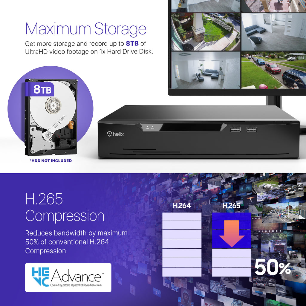Helix 4K 8CH AI NVR (8-Port PoE), Smart NVR, Human Detection & Vehicle Detection - Supports 8 x 4K IP Cameras, Supports 1 x 8TB HDD (Not Included) HLX-NV3808E
