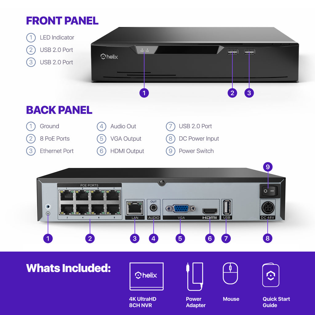 Helix 4K 8CH AI NVR (8-Port PoE), Smart NVR, Human Detection & Vehicle Detection - Supports 8 x 4K IP Cameras, Supports 1 x 8TB HDD (Not Included) HLX-NV3808E
