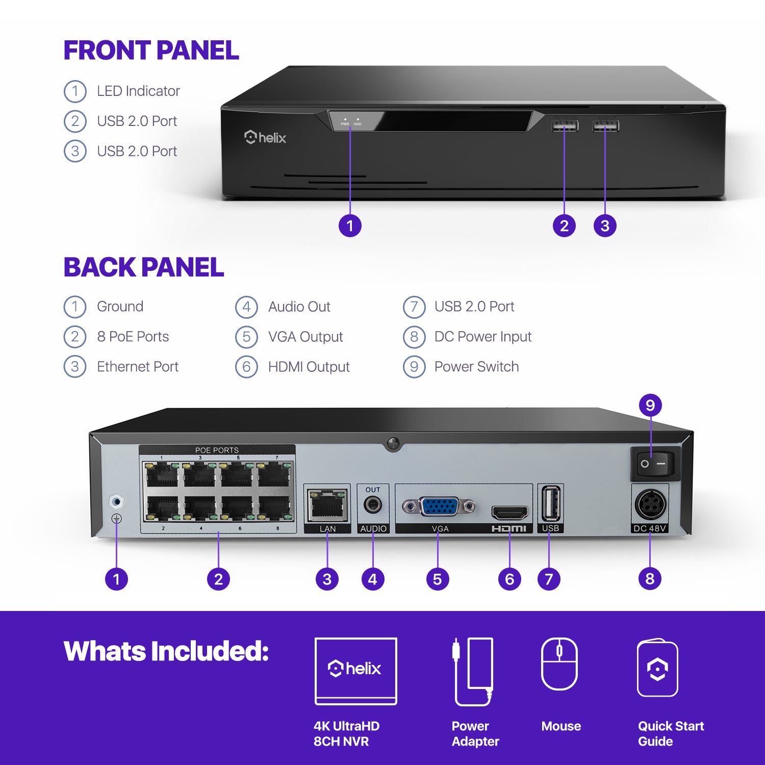 Helix 4K 8CH AI NVR (8-Port PoE), Smart NVR, Human Detection & Vehicle Detection - Supports 8 x 4K IP Cameras, Supports 1 x 8TB HDD (Not Included) HLX-NV3808E