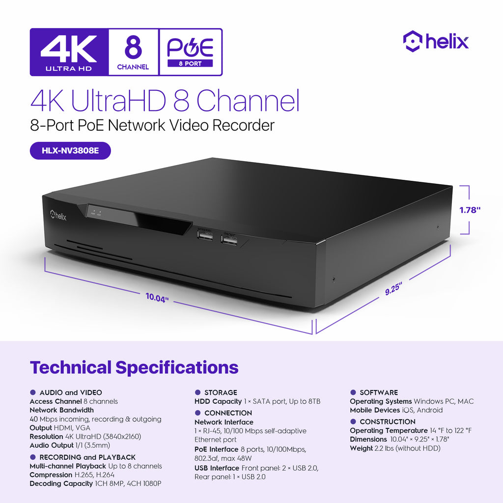 Helix 4K 8CH AI NVR (8-Port PoE), Smart NVR, Human Detection & Vehicle Detection - Supports 8 x 4K IP Cameras, Supports 1 x 8TB HDD (Not Included) HLX-NV3808E