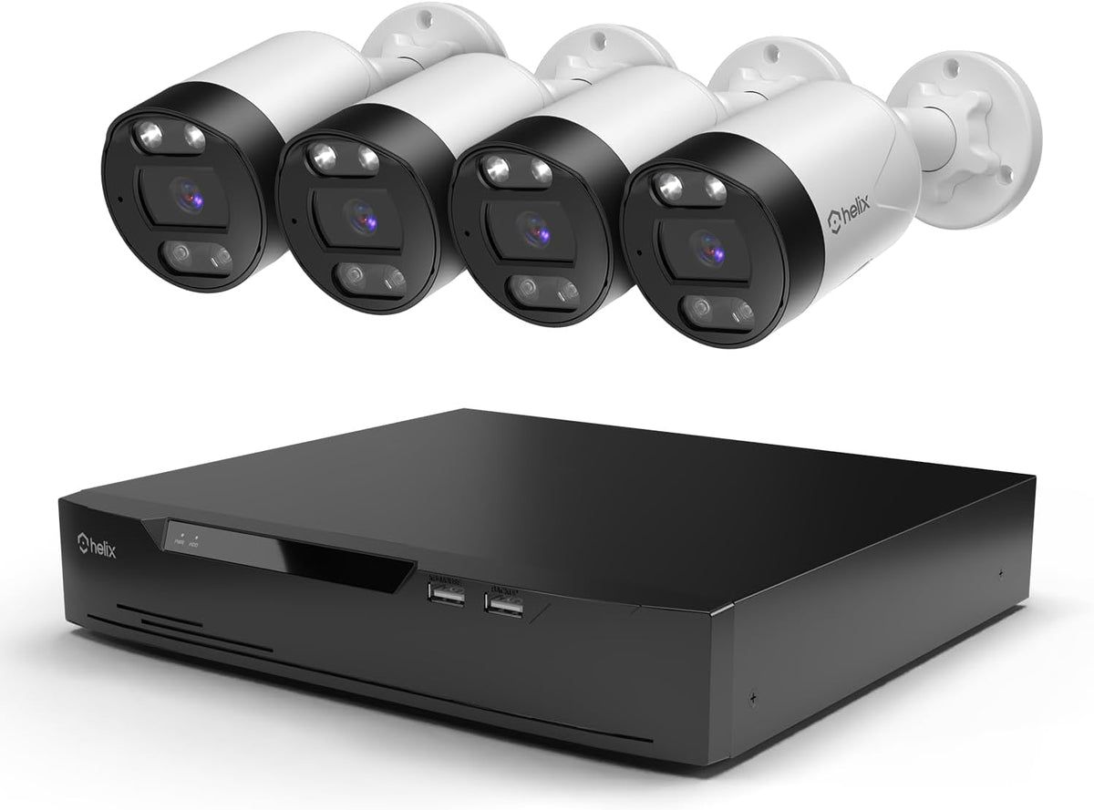 HELIX 5MP POE Security Camera System Outdoor, 8CH POE NVR, 4pcs 5MP Bullet Cameras, IP66 Metal Bullet IP Cameras, Built in Mic, Pre-Installed 2TB Hard Drive, HLX-NV3808E-B102EW-AI4-2TB