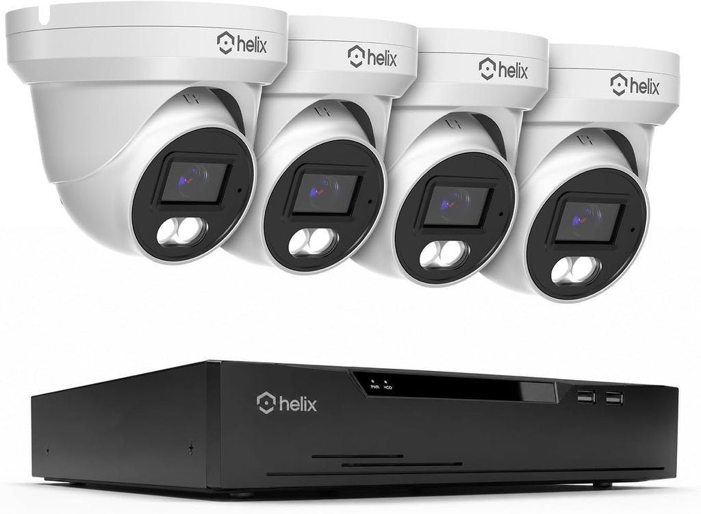 HELIX 5MP POE Security Camera System Outdoor, 8CH POE NVR, 4pcs 5MP Turret Cameras, IP66 Metal Turret IP Cameras, Built in Mic, Hard Drive Not Included, HLX-NV3808E-T103EW-AI4