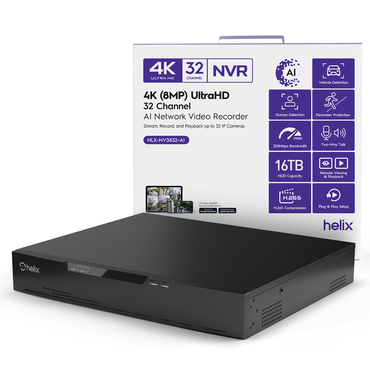 Helix 4K 32CH AI NVR, Smart NVR, Human Detection & Vehicle Detection - Supports 32 x 4K IP Cameras, Supports 4 x 16TB HDD (Not Included) HLX-NV3832-AI