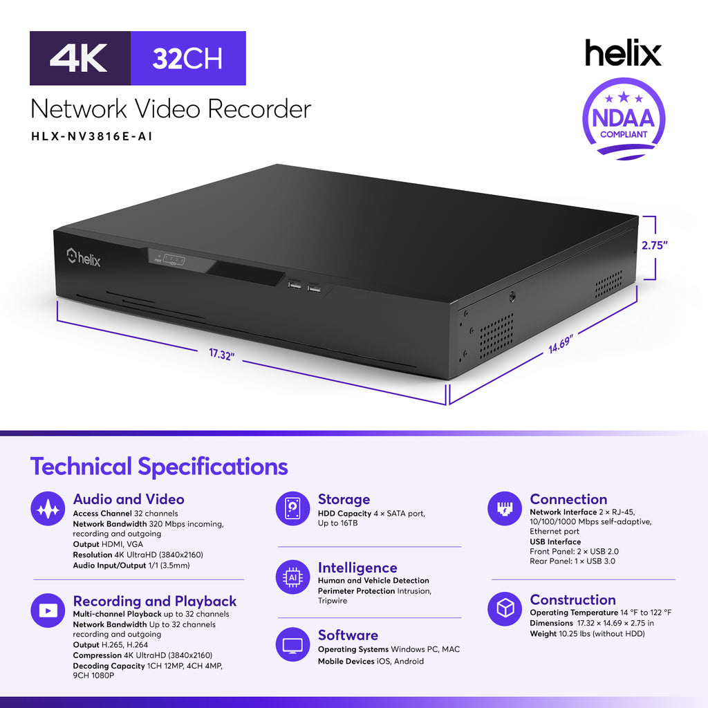 Helix 4K 32CH AI NVR, Smart NVR, Human Detection & Vehicle Detection - Supports 32 x 4K IP Cameras, Supports 4 x 16TB HDD (Not Included) HLX-NV3832-AI