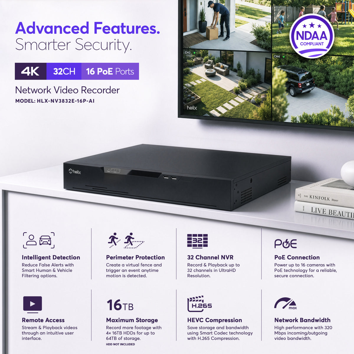 Helix 4K 32CH AI NVR (16-Port PoE), Smart NVR, Human Detection & Vehicle Detection - Supports 32 x 4K IP Cameras, Supports 4 x 16TB HDD (Not Included) HLX-NV3832E-16P-AI
