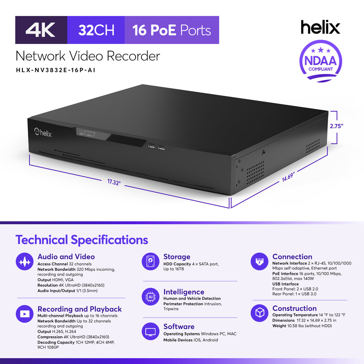 Helix 4K 32CH AI NVR (16-Port PoE), Smart NVR, Human Detection & Vehicle Detection - Supports 32 x 4K IP Cameras, Supports 4 x 16TB HDD (Not Included) HLX-NV3832E-16P-AI